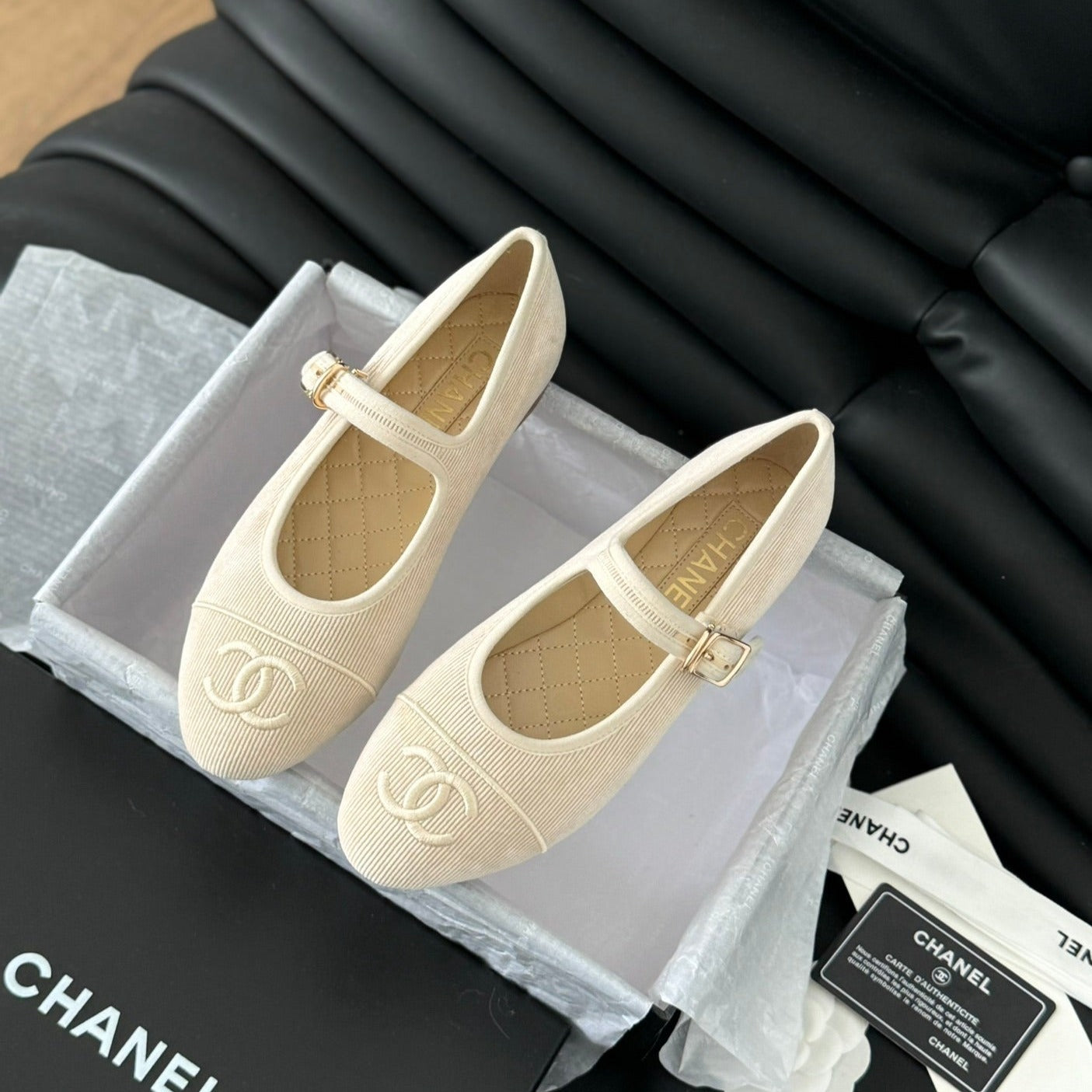 CHANEL MARY JANE SHOES BEIGE CREAM CORDUROY TWILL FABRIC