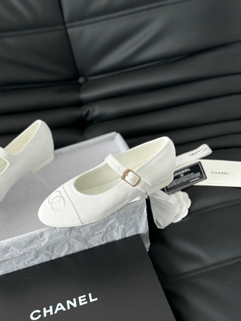 CHANEL MARY JANE SHOES WHITE CORDUROY TWILL FABRIC