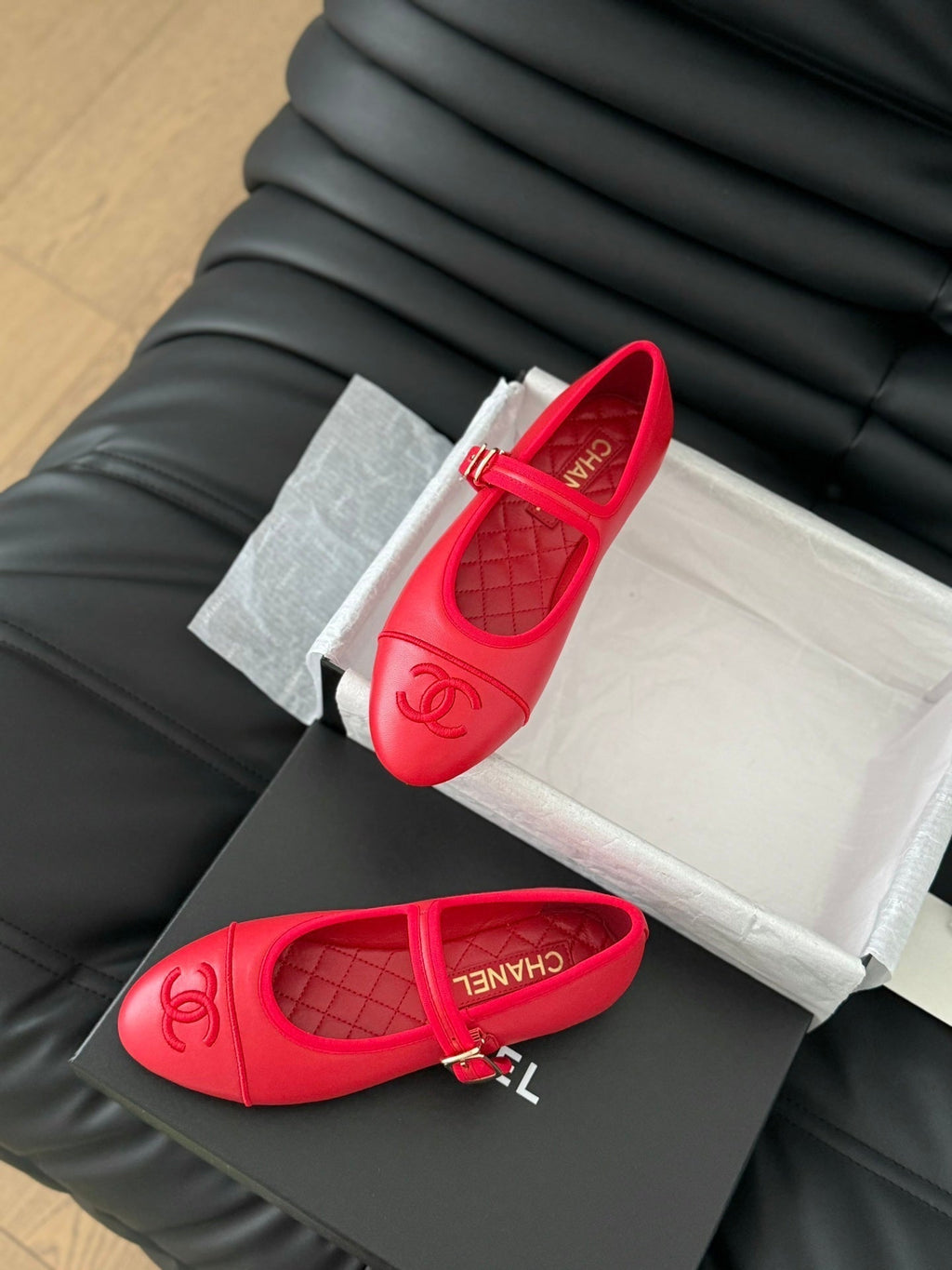 CHANEL MARY JANE SHOES IN ROSE RED LAMBSKIN
