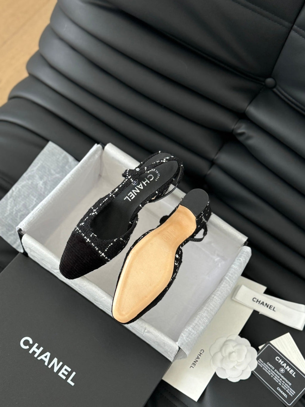 CHANEL HIGH SLINGBACK IN BLACK TWEED AND LAMBSKIN