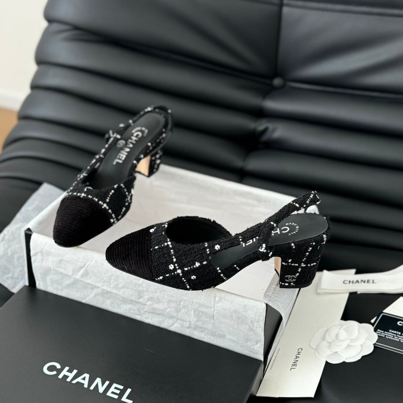 CHANEL HIGH SLINGBACK IN BLACK TWEED AND LAMBSKIN