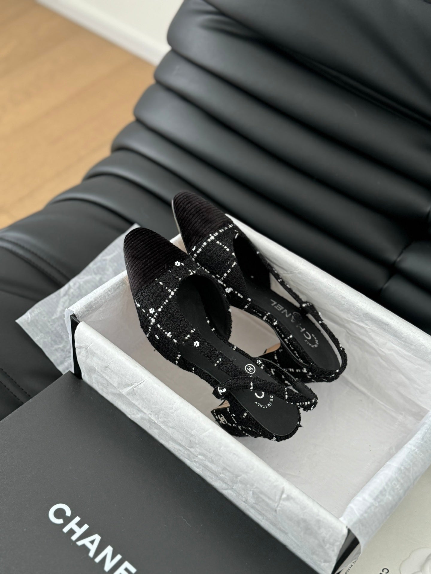 CHANEL HIGH SLINGBACK IN BLACK TWEED AND LAMBSKIN