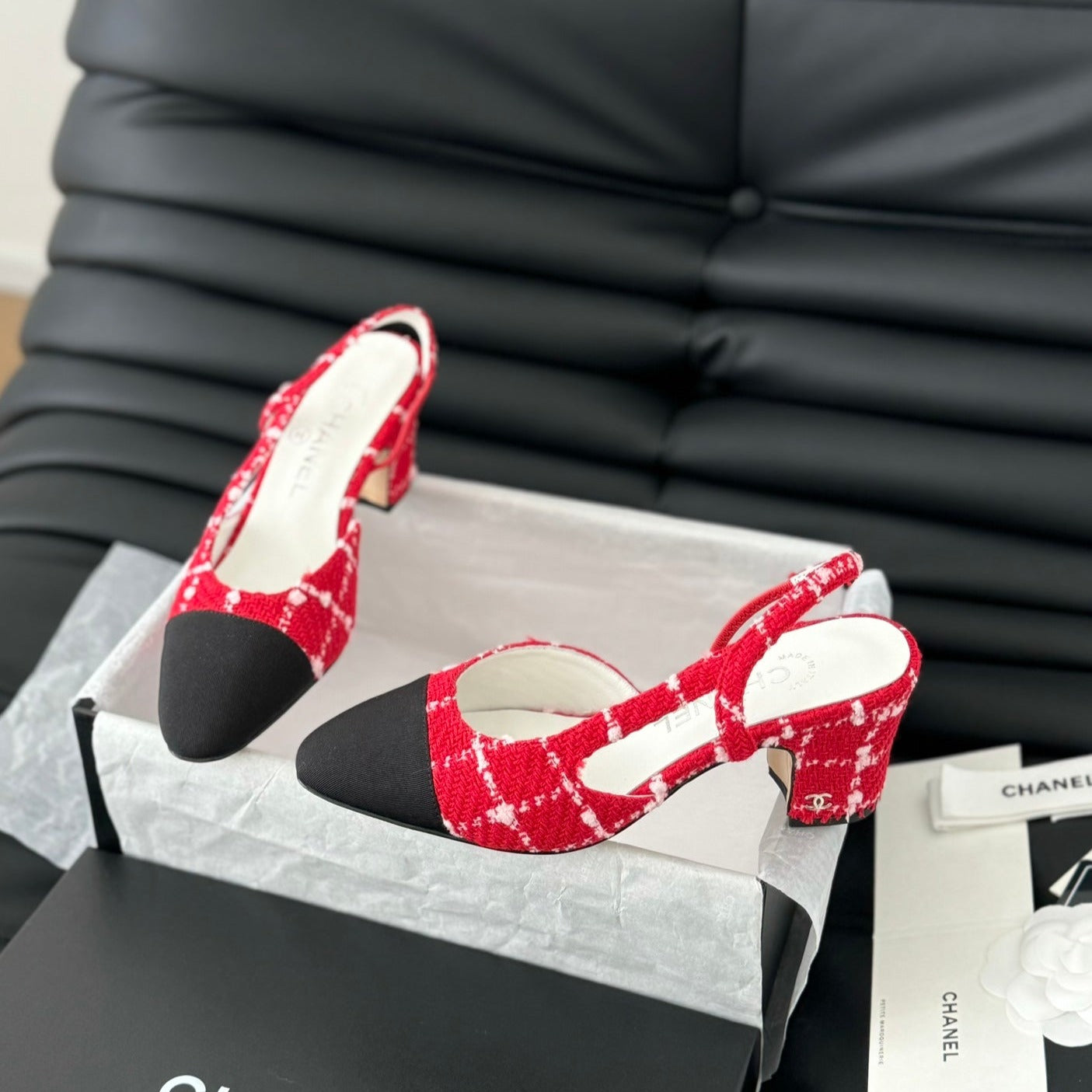 CHANEL HIGH SLINGBACK IN CHERRY RED TWEED AND BLACK LAMBSKIN