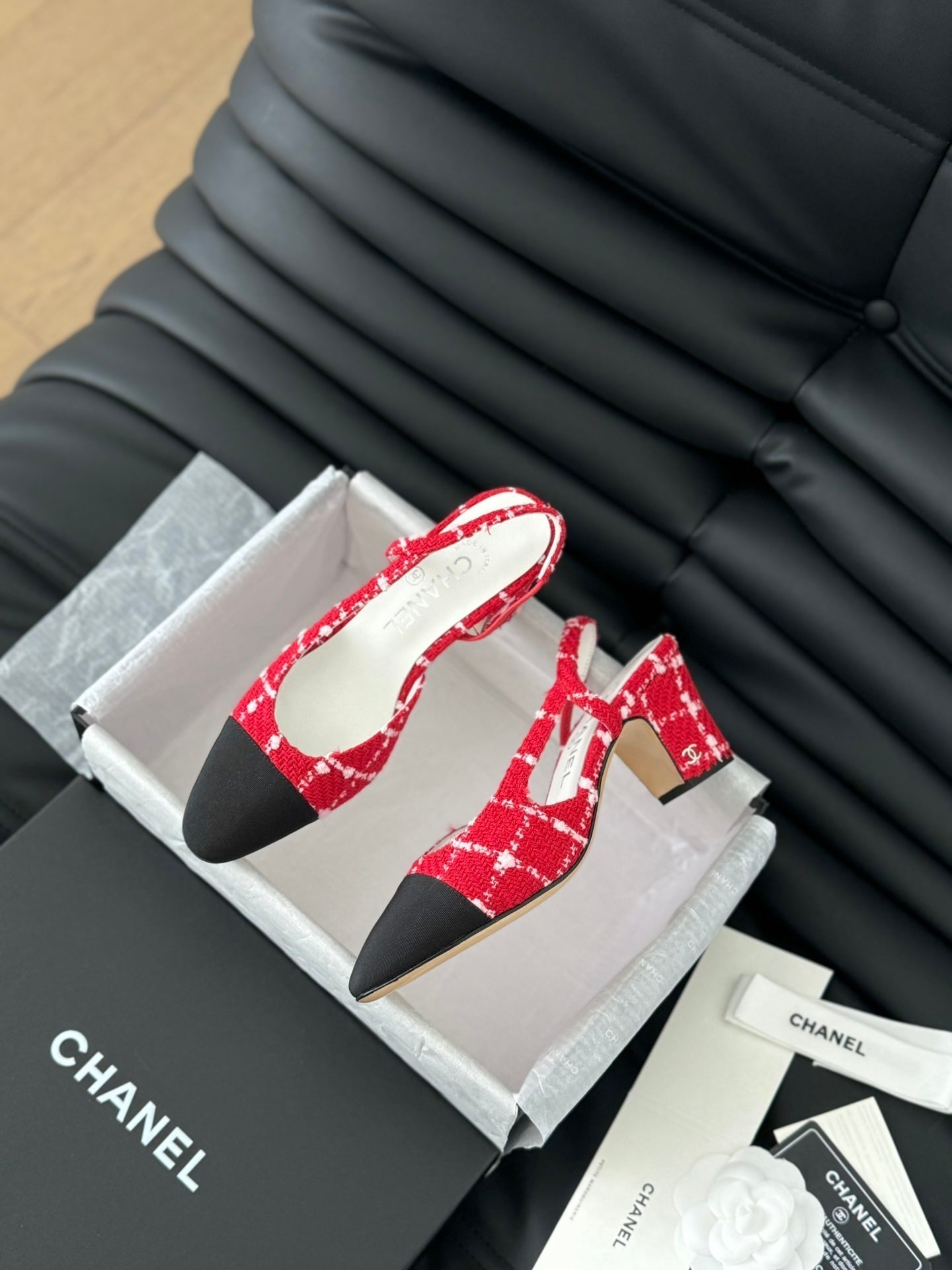 CHANEL HIGH SLINGBACK IN CHERRY RED TWEED AND BLACK LAMBSKIN