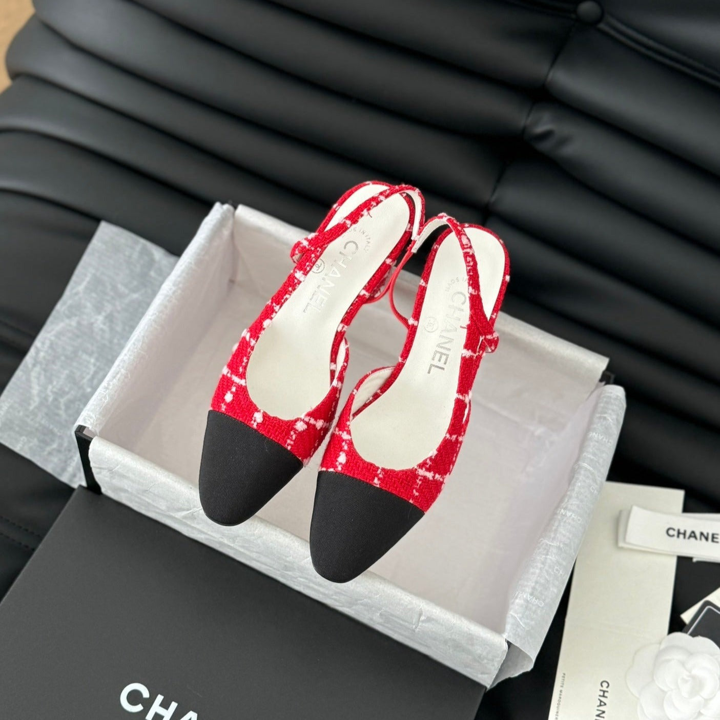CHANEL HIGH SLINGBACK IN CHERRY RED TWEED AND BLACK LAMBSKIN
