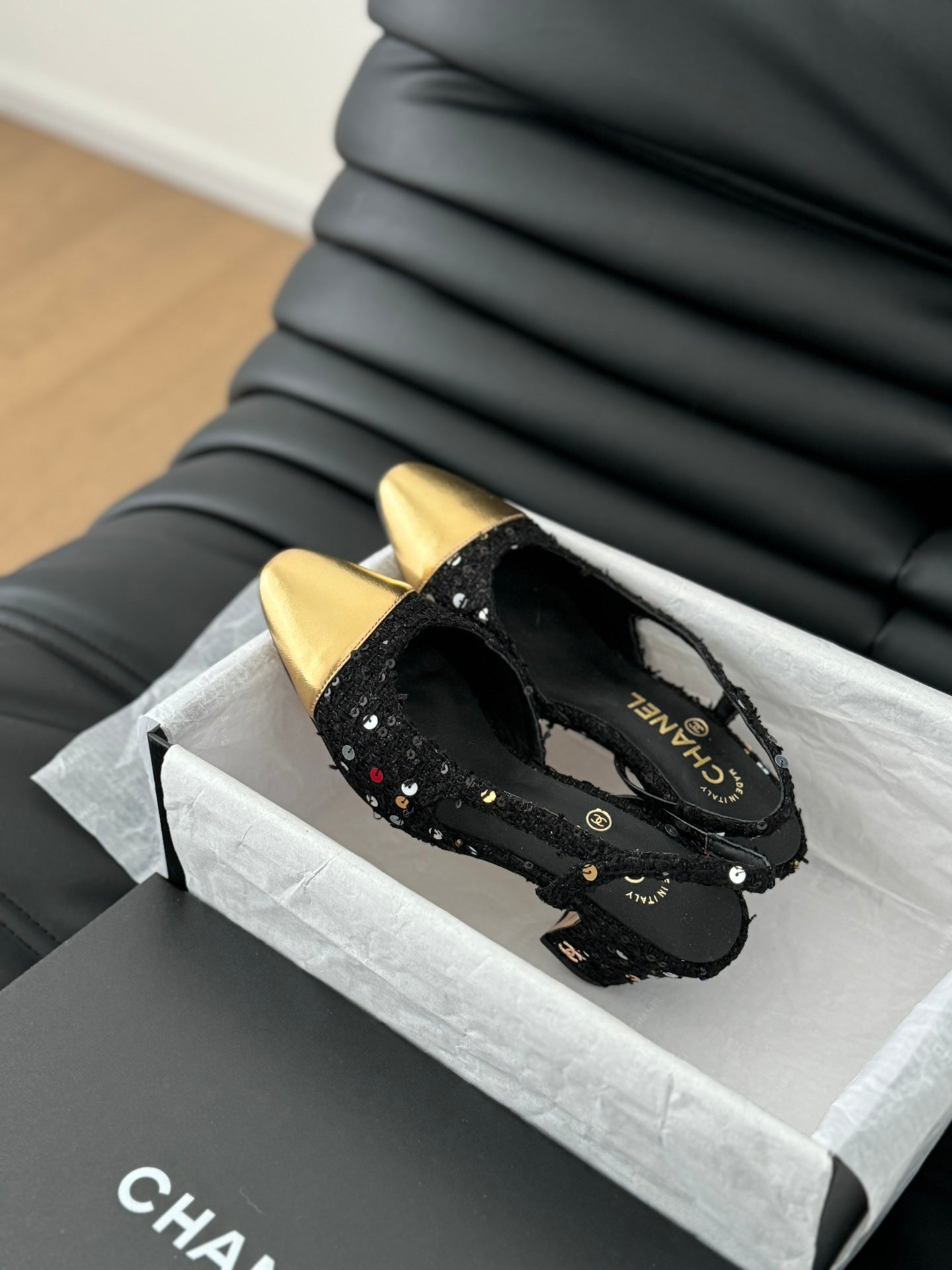 CHANEL HIGH SLINGBACK IN BLACK TWEED AND GOLDEN LAMBSKIN