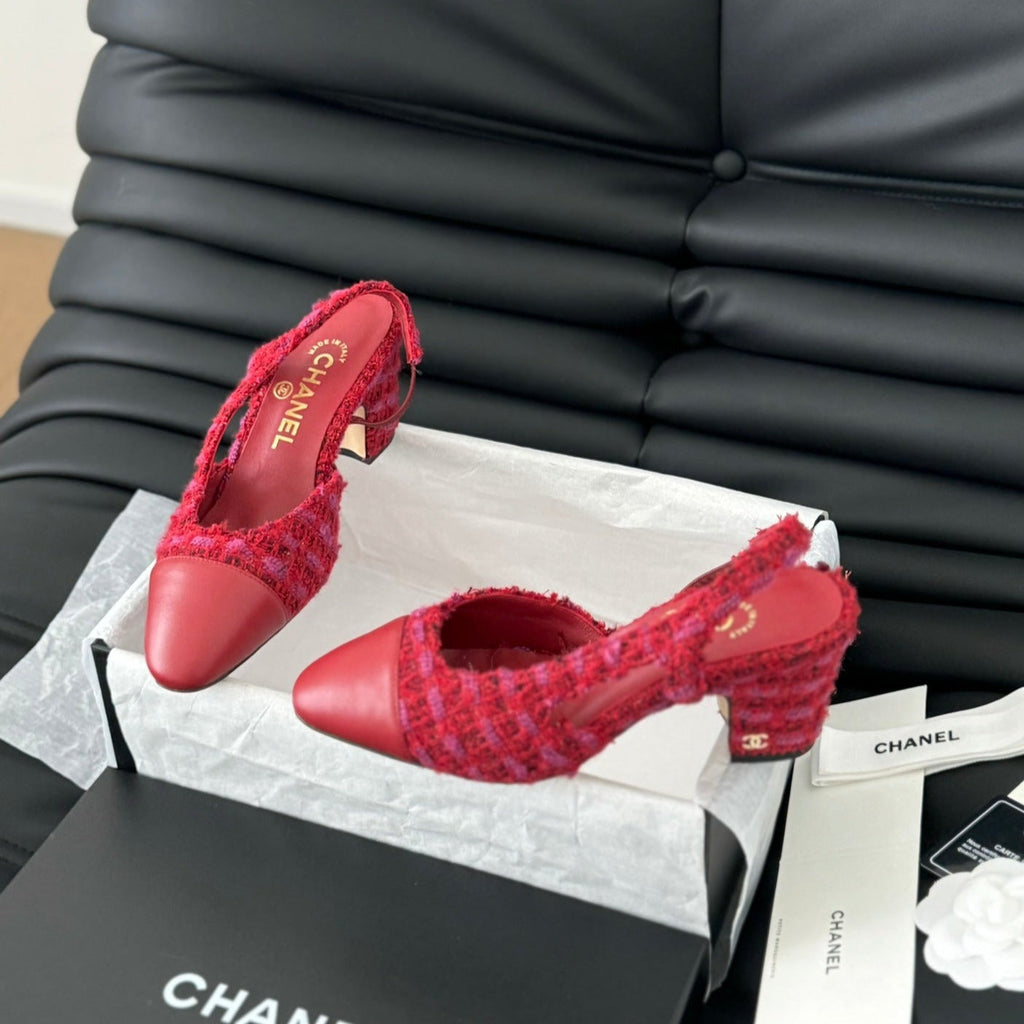CHANEL HIGH SLINGBACK IN RUBY RED TWEED AND LAMBSKIN