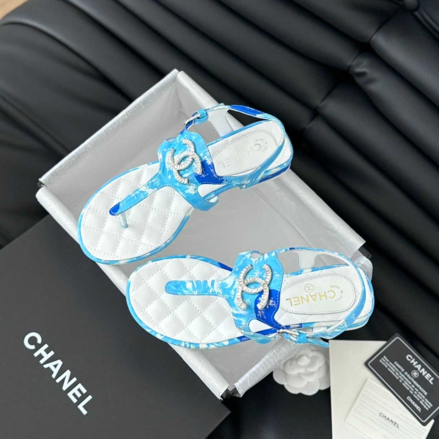 CHANEL Double C Classic One-Strap Sandals White Sky Blue Lambskin
