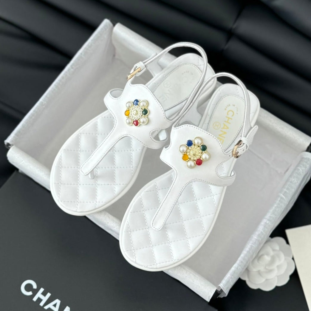 CHANEL Double C Classic One-Strap Sandals White Lambskin
