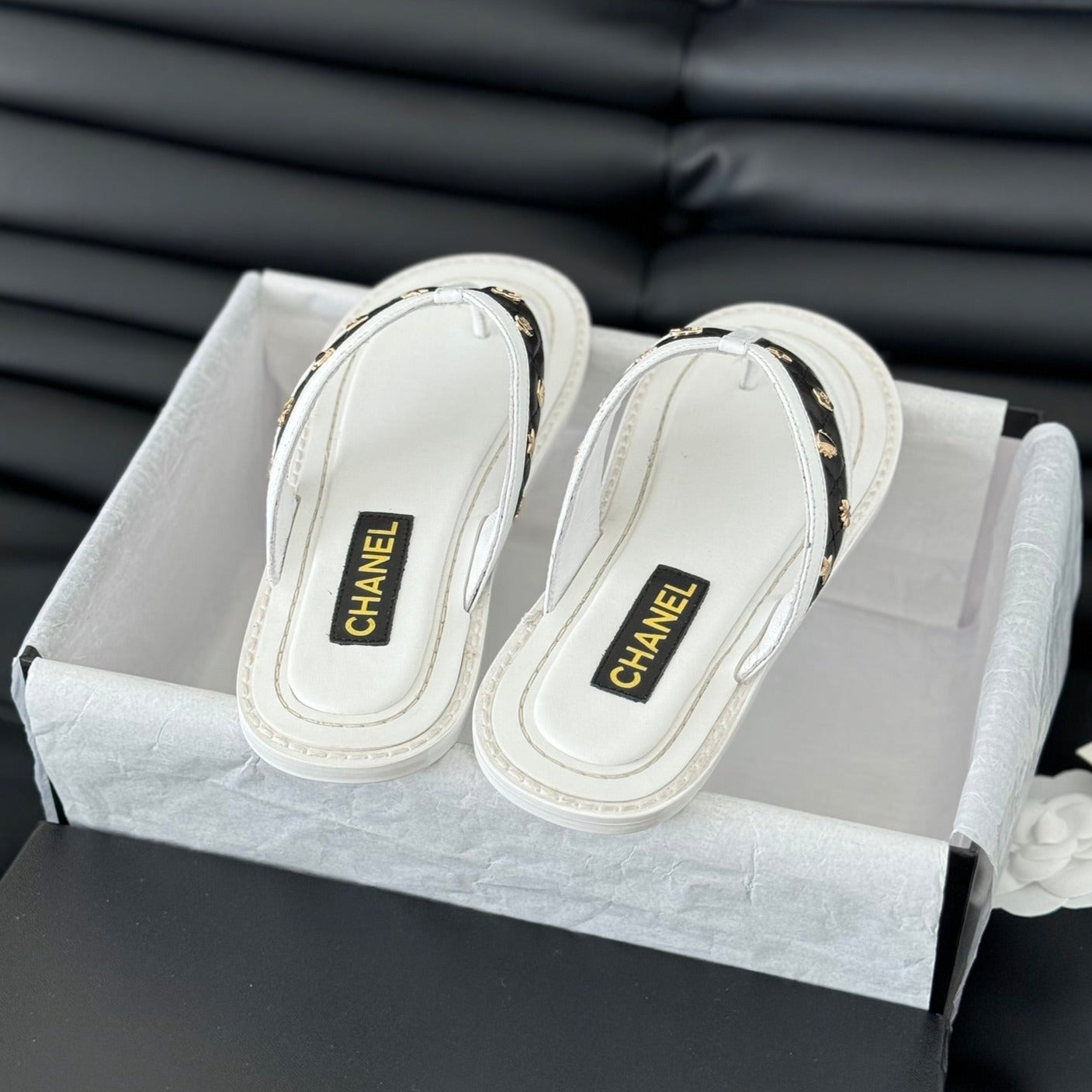 CHANEL Double C Thong Sandals Lambskin White Black