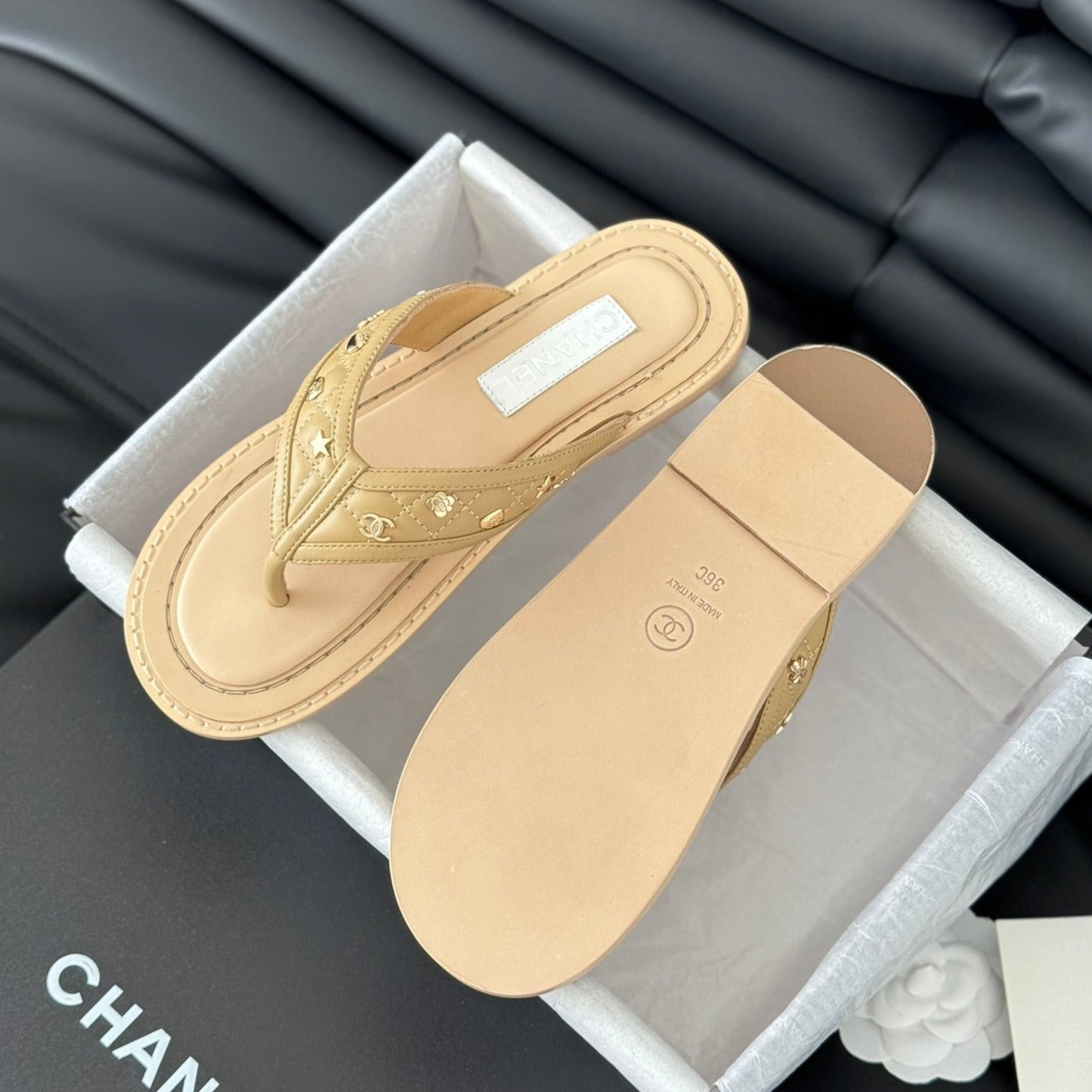 CHANEL Double C Thong Sandals Lambskin Tan Brown