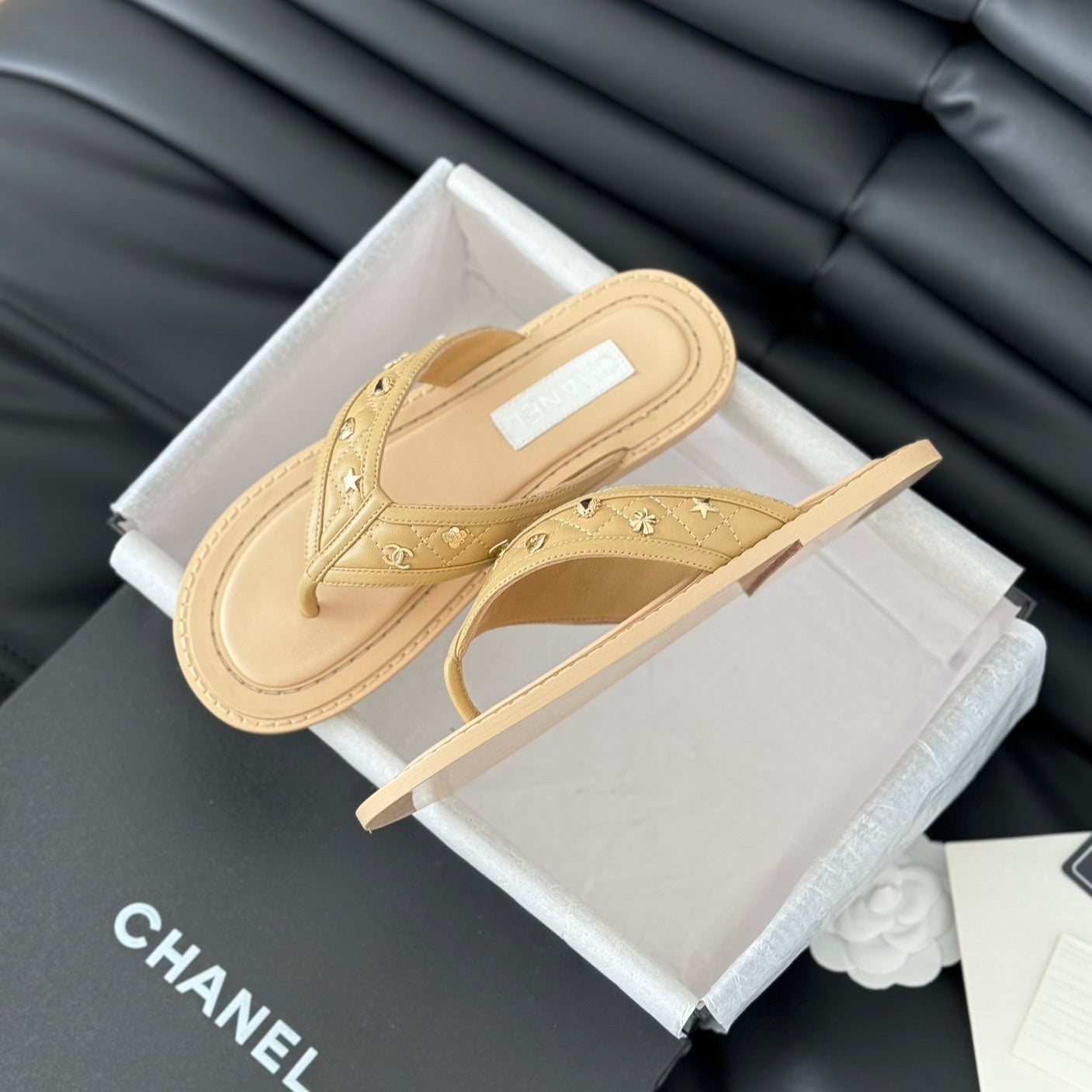 CHANEL Double C Thong Sandals Lambskin Tan Brown