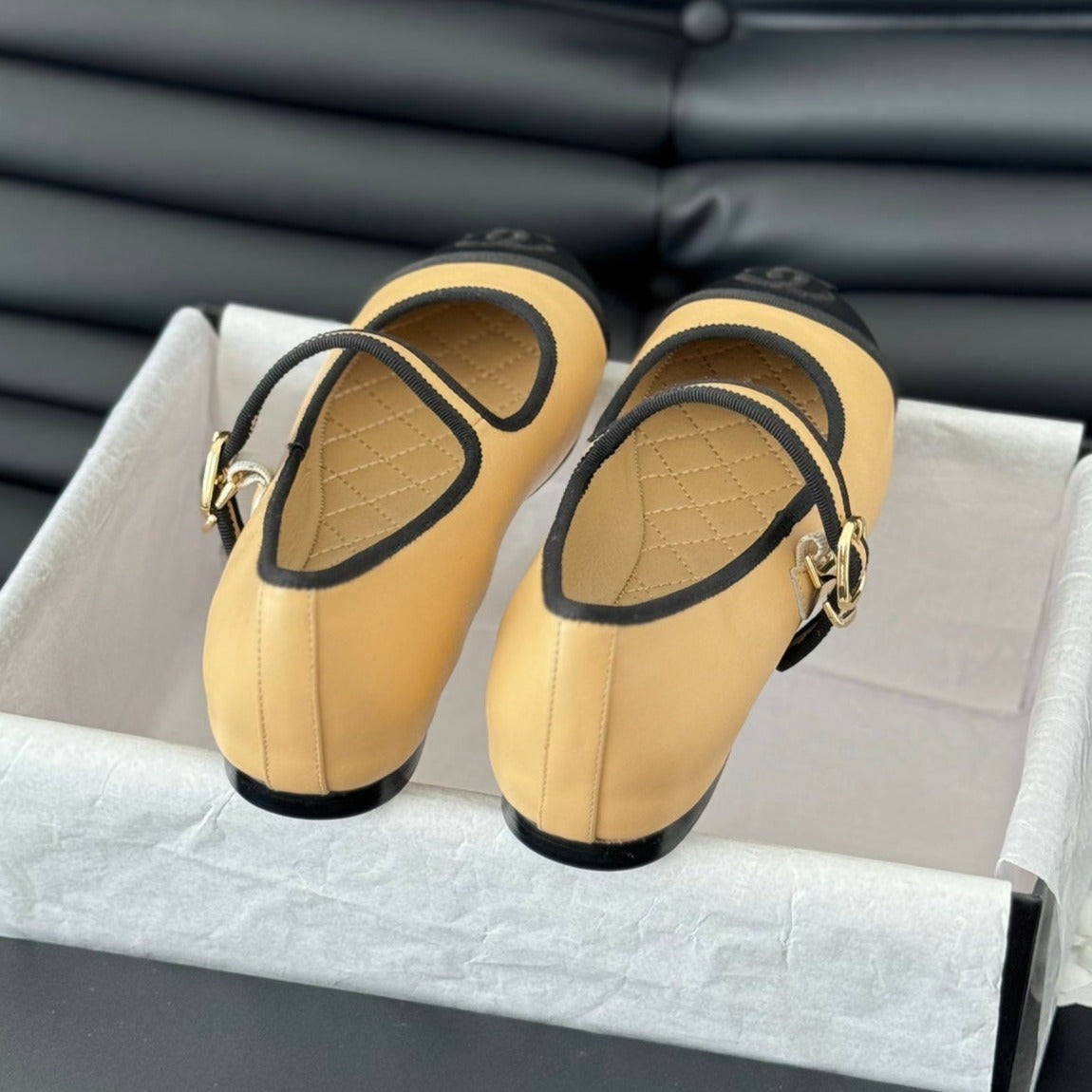 CHANEL Double C Marry Jane Shoes Yellow Cream Lambskin