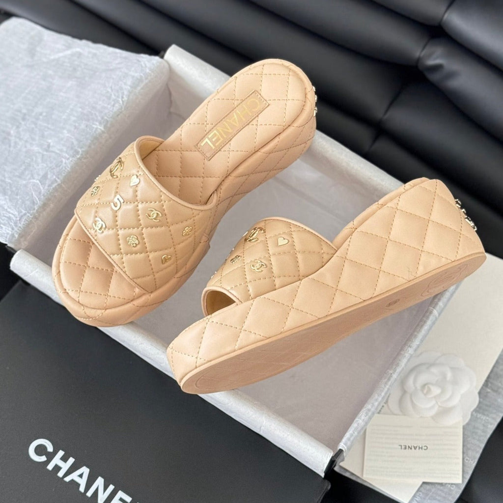CHANEL Thick Sole Slope Heel Weddge Lambskin Beige Cream