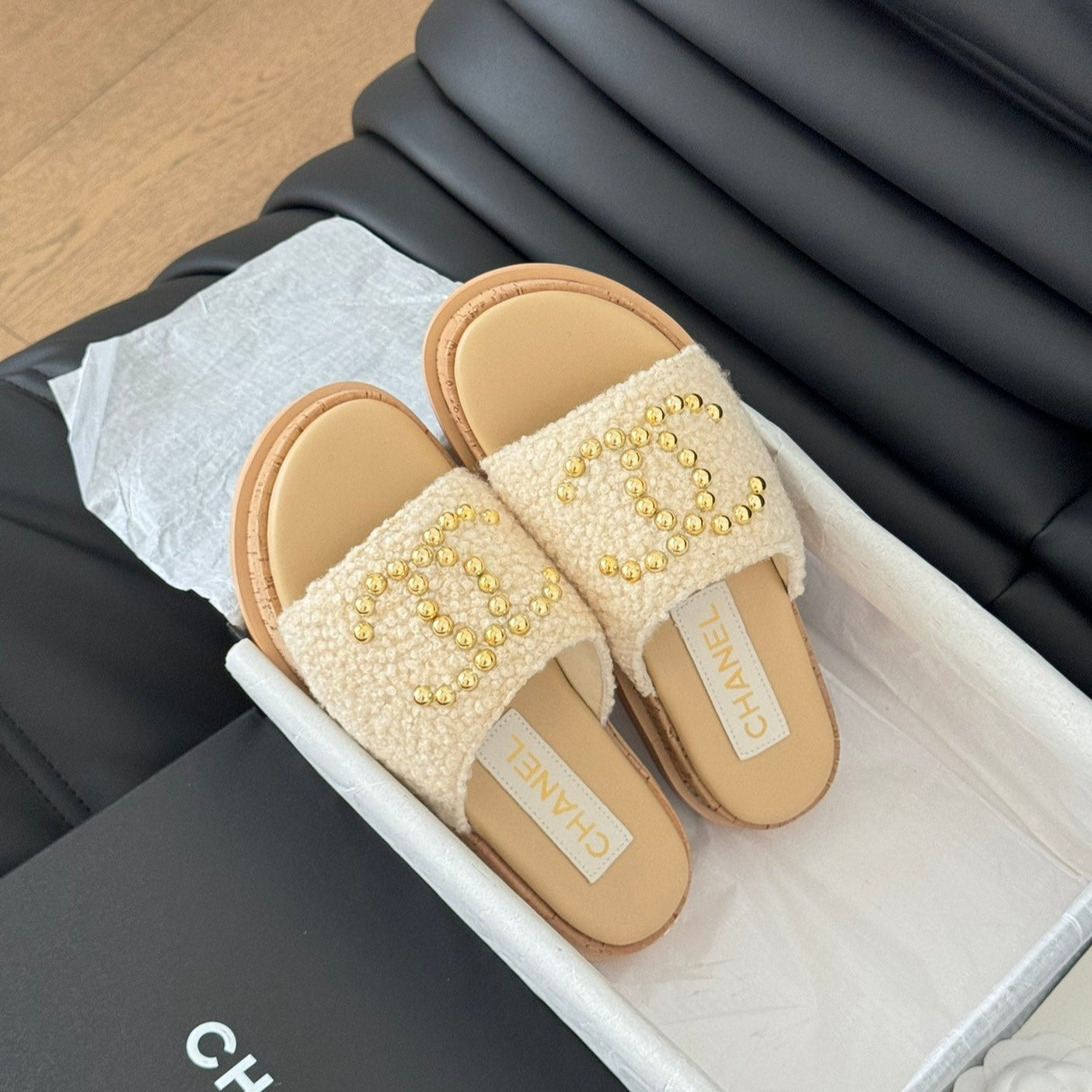 CHANEL Slippers Platform Lambskin Beige Cream