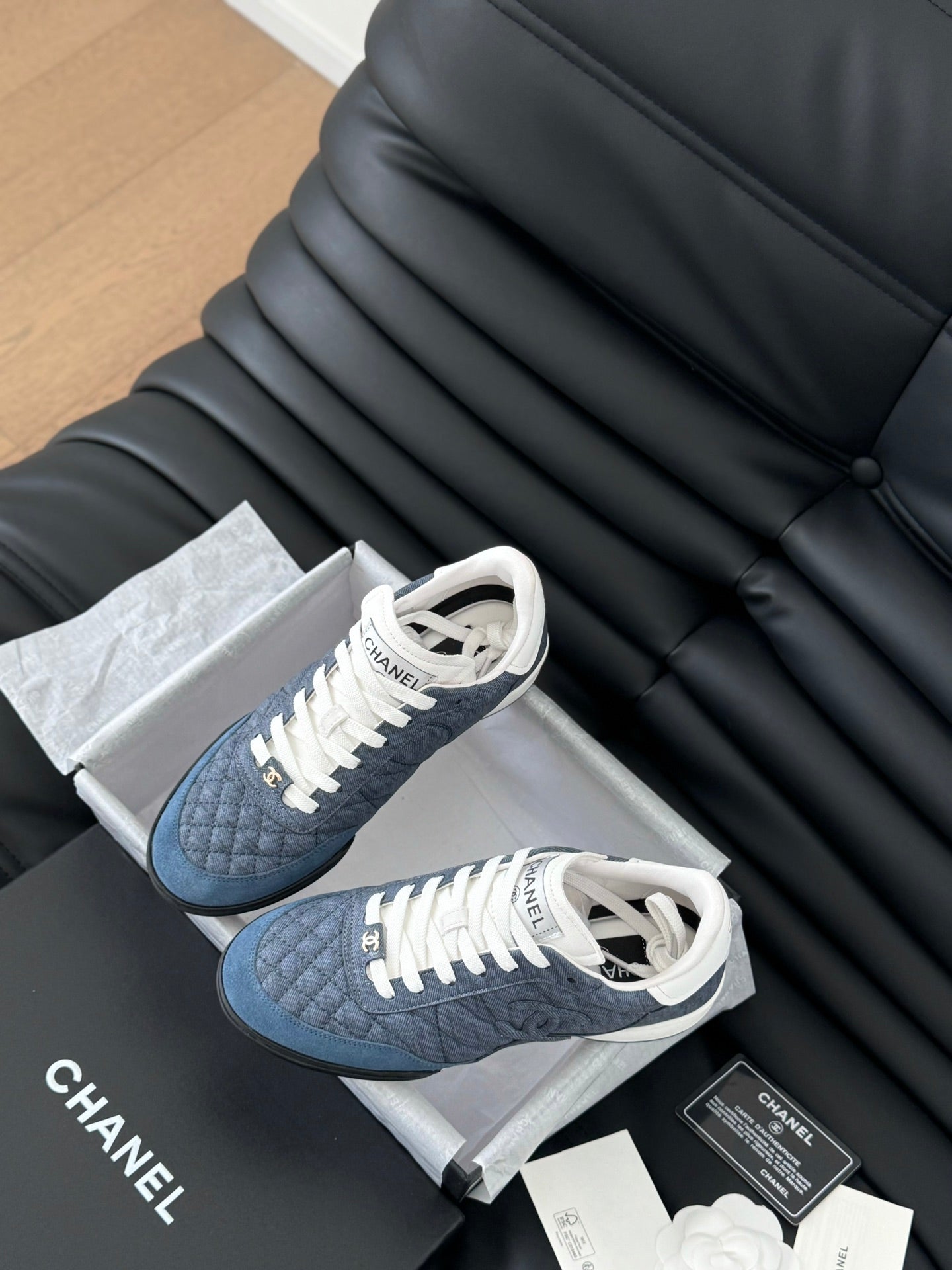 CHANEL SNEAKER IN AEGEAN BLUE MIX WHITE EMBROIDERED LAMBSKIN