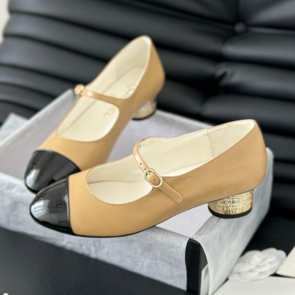 CHANEL MARY JANE SHOES IN SEPIA BEIGE MIX BLACK LAMBSKIN WITH GOLD HARDWARE