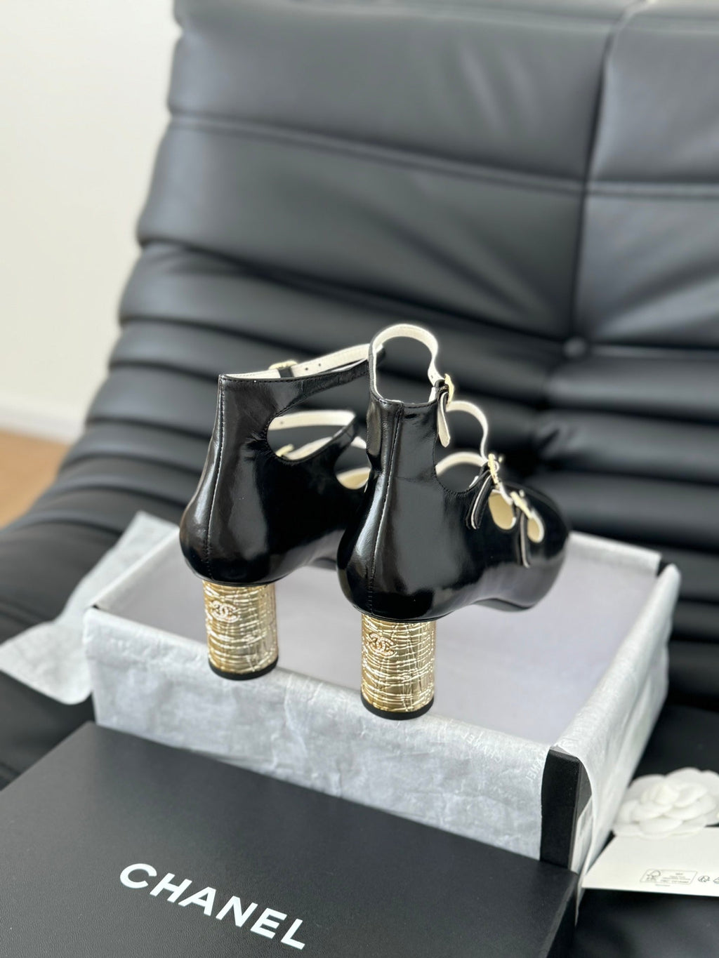 CHANEL MARY JANE SHOES THREE STRAPS BLACK LAMBSKIN WITH GOLD HARDWARE