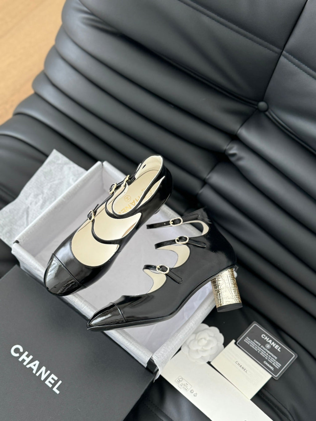 CHANEL MARY JANE SHOES THREE STRAPS BLACK LAMBSKIN WITH GOLD HARDWARE
