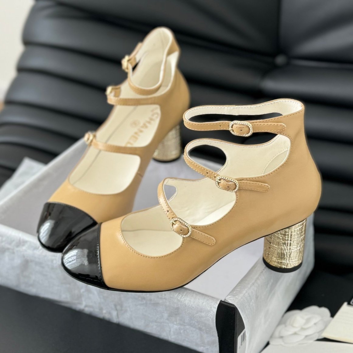 CHANEL MARY JANE SHOES THREE STRAPS IN SEPIA BEIGE MIX BLACK LAMBSKIN