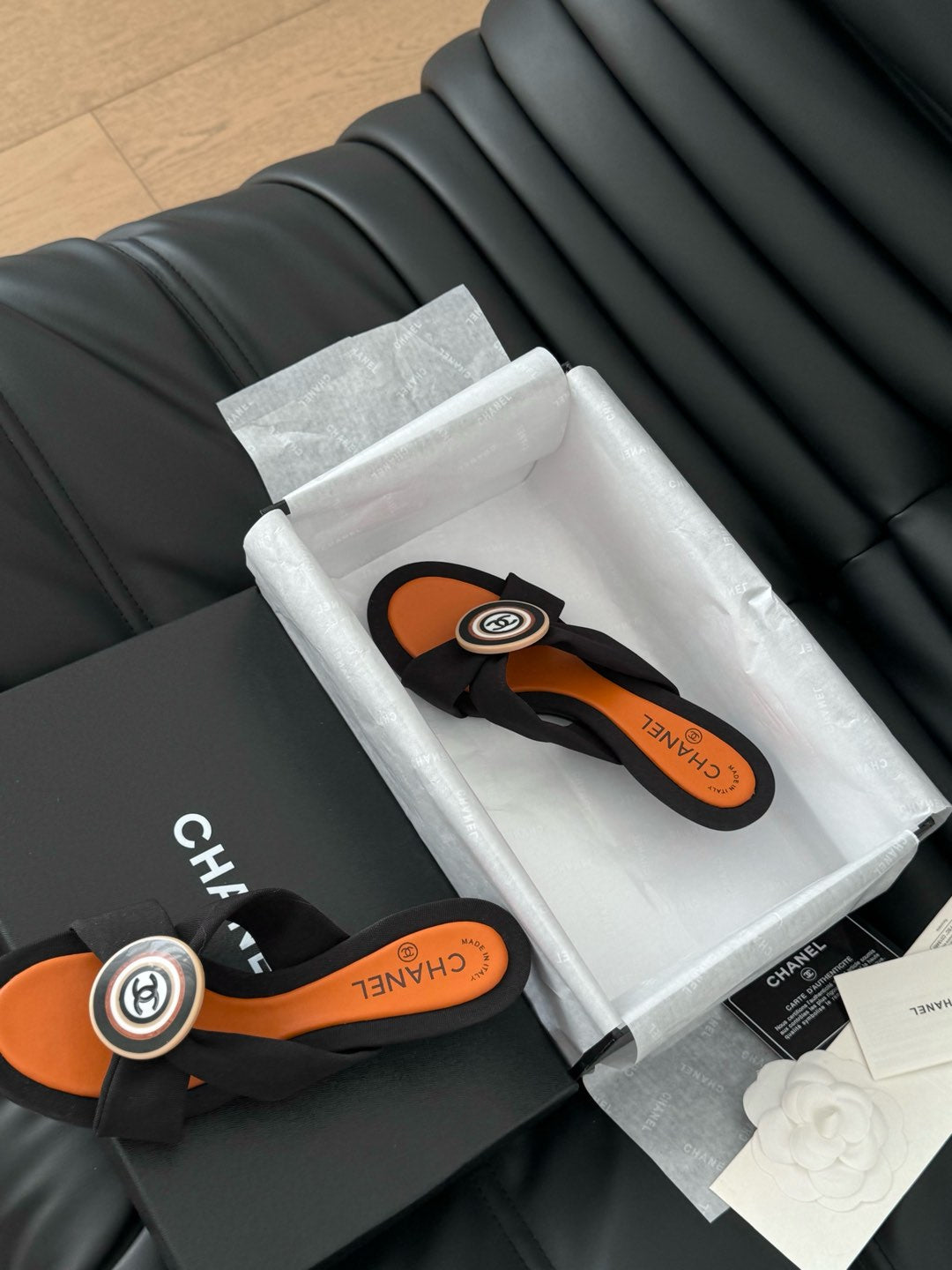 CHANEL BLACK FABRIC  SLIDE SANDALS