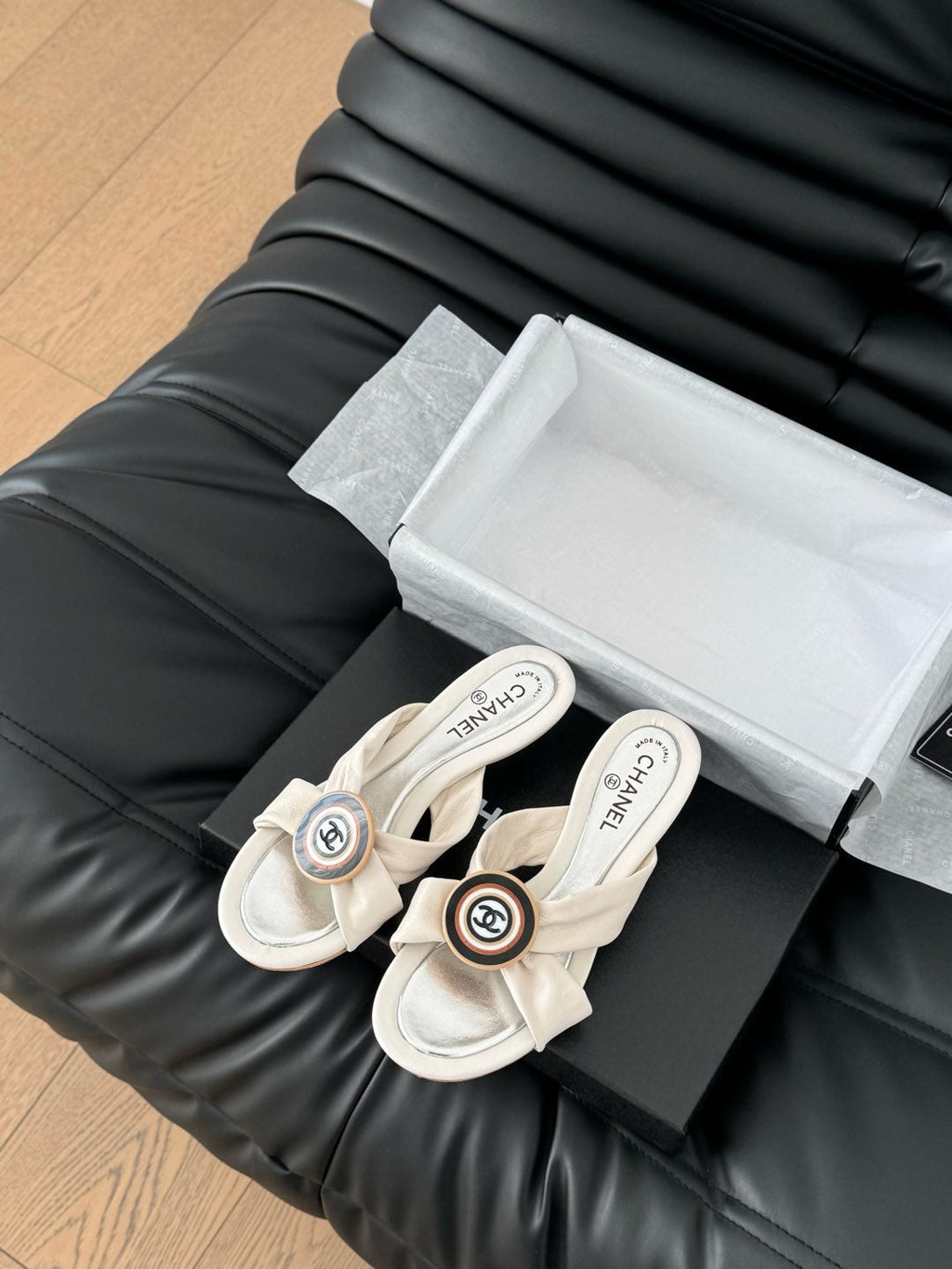 CHANEL WHITE FABRIC  SLIDE SANDALS