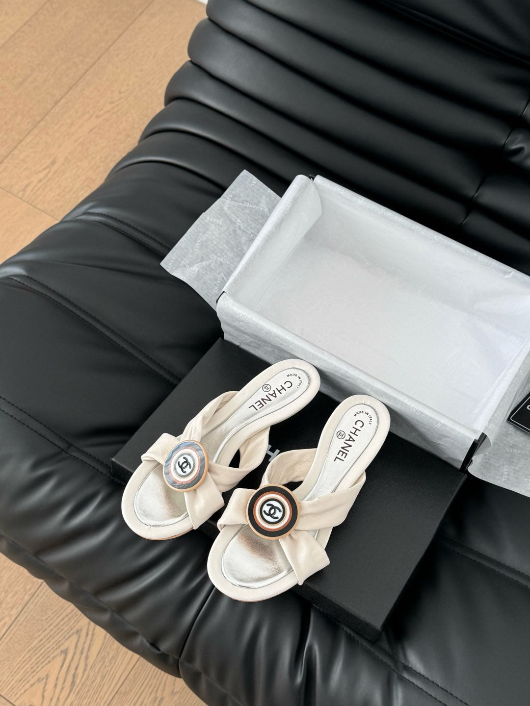 CHANEL WHITE FABRIC  SLIDE SANDALS
