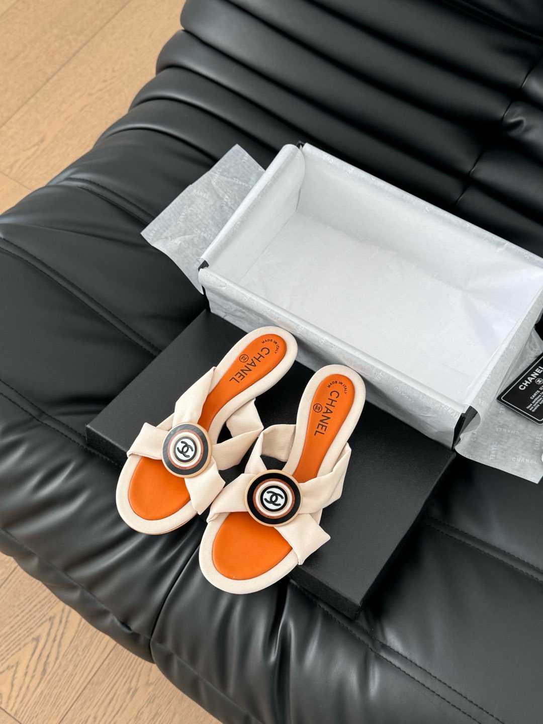 CHANEL VIVID ORANGE FABRIC  SLIDE SANDALS