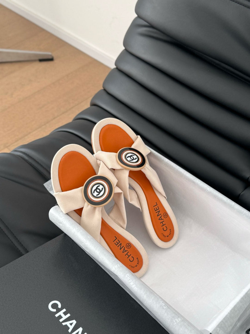 CHANEL VIVID ORANGE FABRIC  SLIDE SANDALS