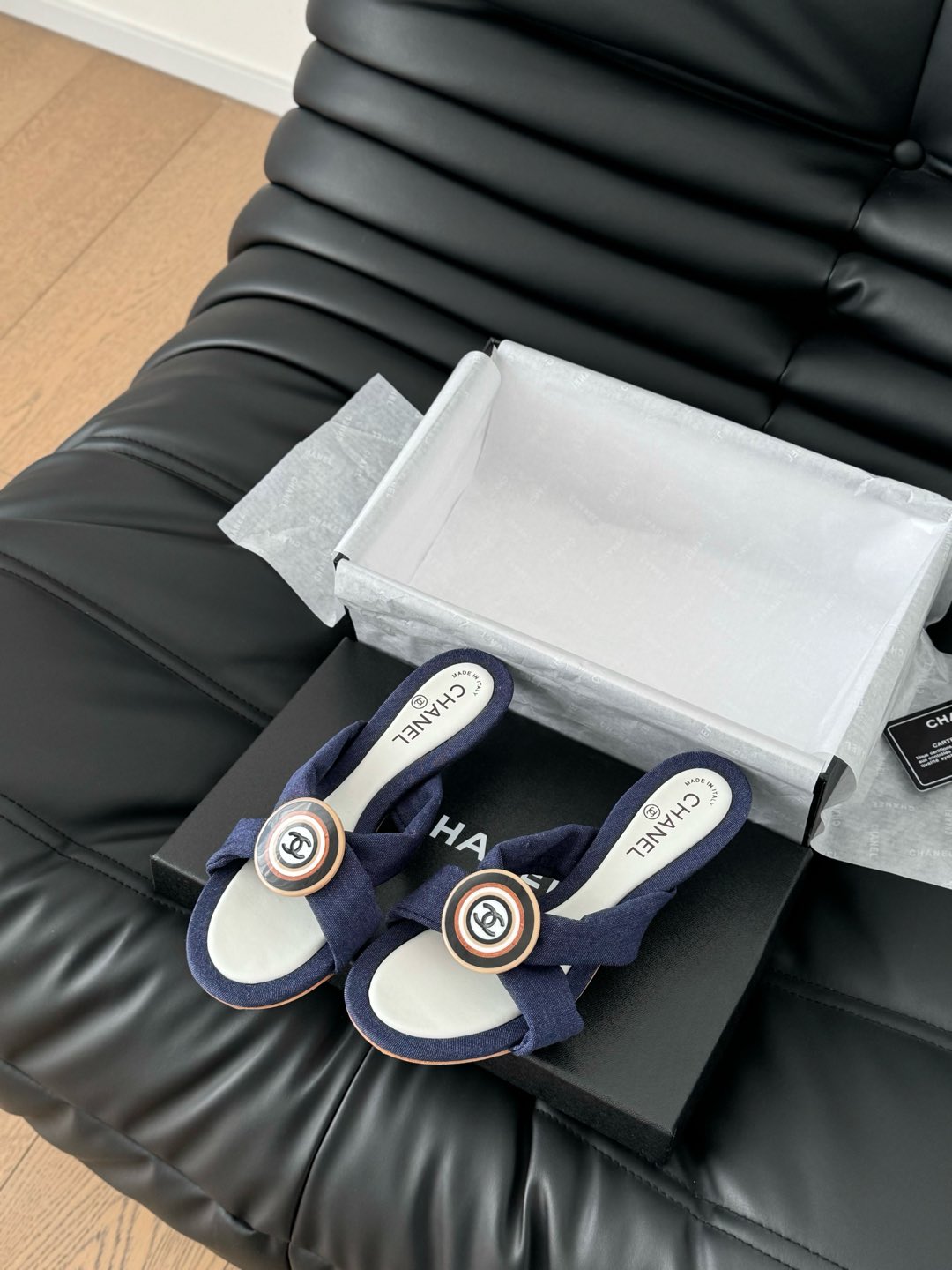 CHANEL NAVY BLUE FABRIC  SLIDE SANDALS