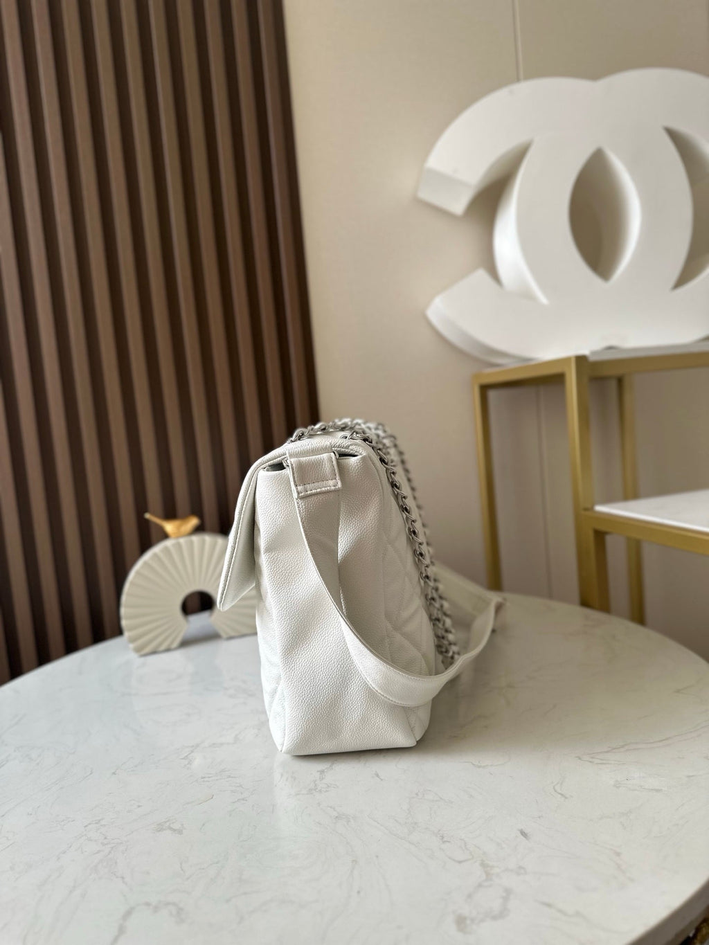 CHANEL 25S SHOULDER BAG 34 IN WHITE CAVIAR WITH SILVER HARDWARE