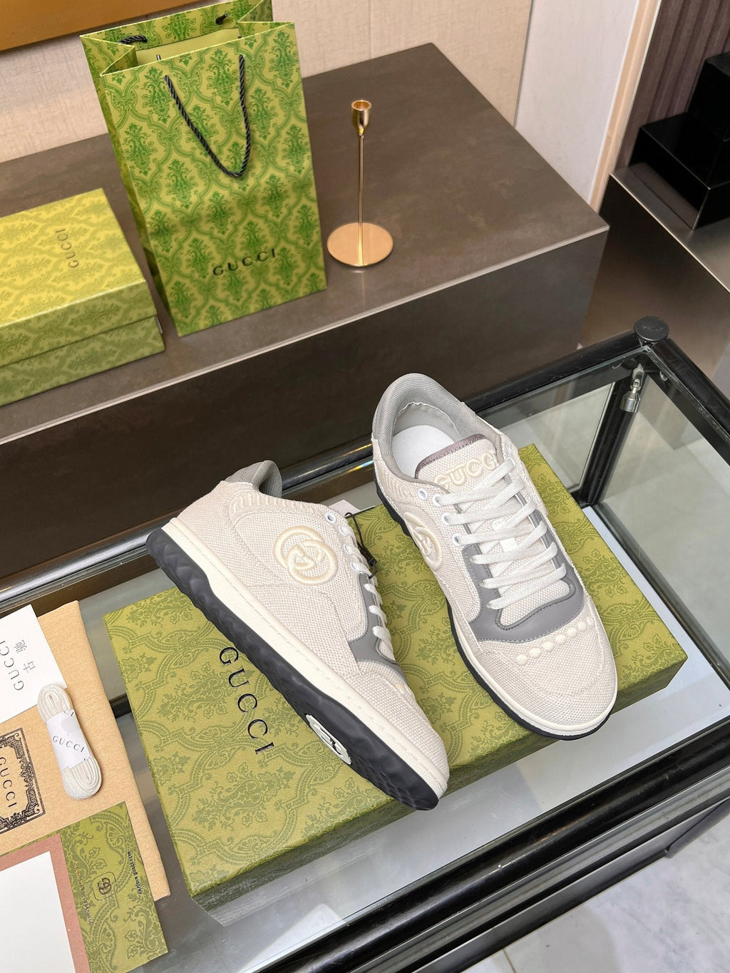GUCCI MAC80 TRAINER CREAMY WHITE AND GRAY CALFSKIN