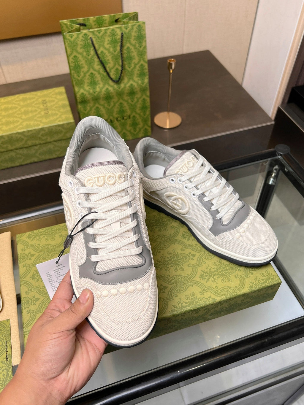 GUCCI MAC80 TRAINER CREAMY WHITE AND GRAY CALFSKIN
