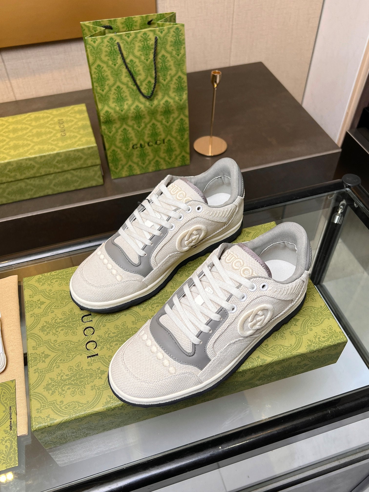 GUCCI MAC80 TRAINER CREAMY WHITE AND GRAY CALFSKIN