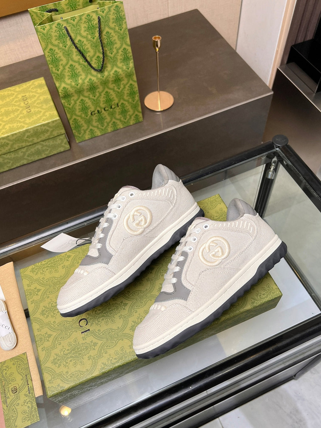 GUCCI MAC80 TRAINER CREAMY WHITE AND GRAY CALFSKIN