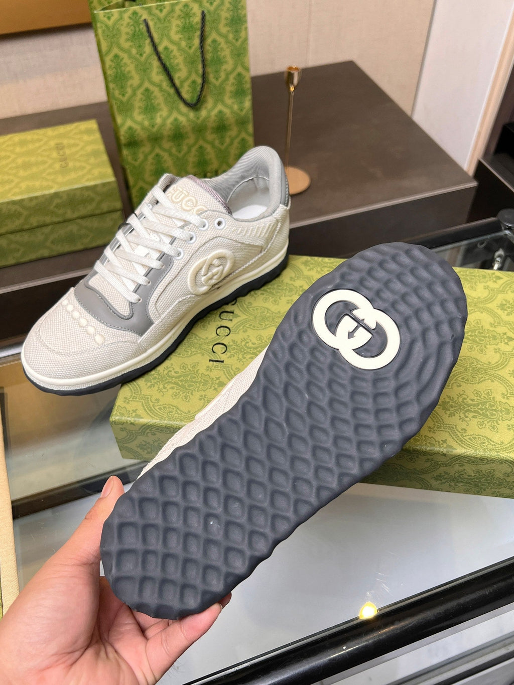 GUCCI MAC80 TRAINER CREAMY WHITE AND GRAY CALFSKIN