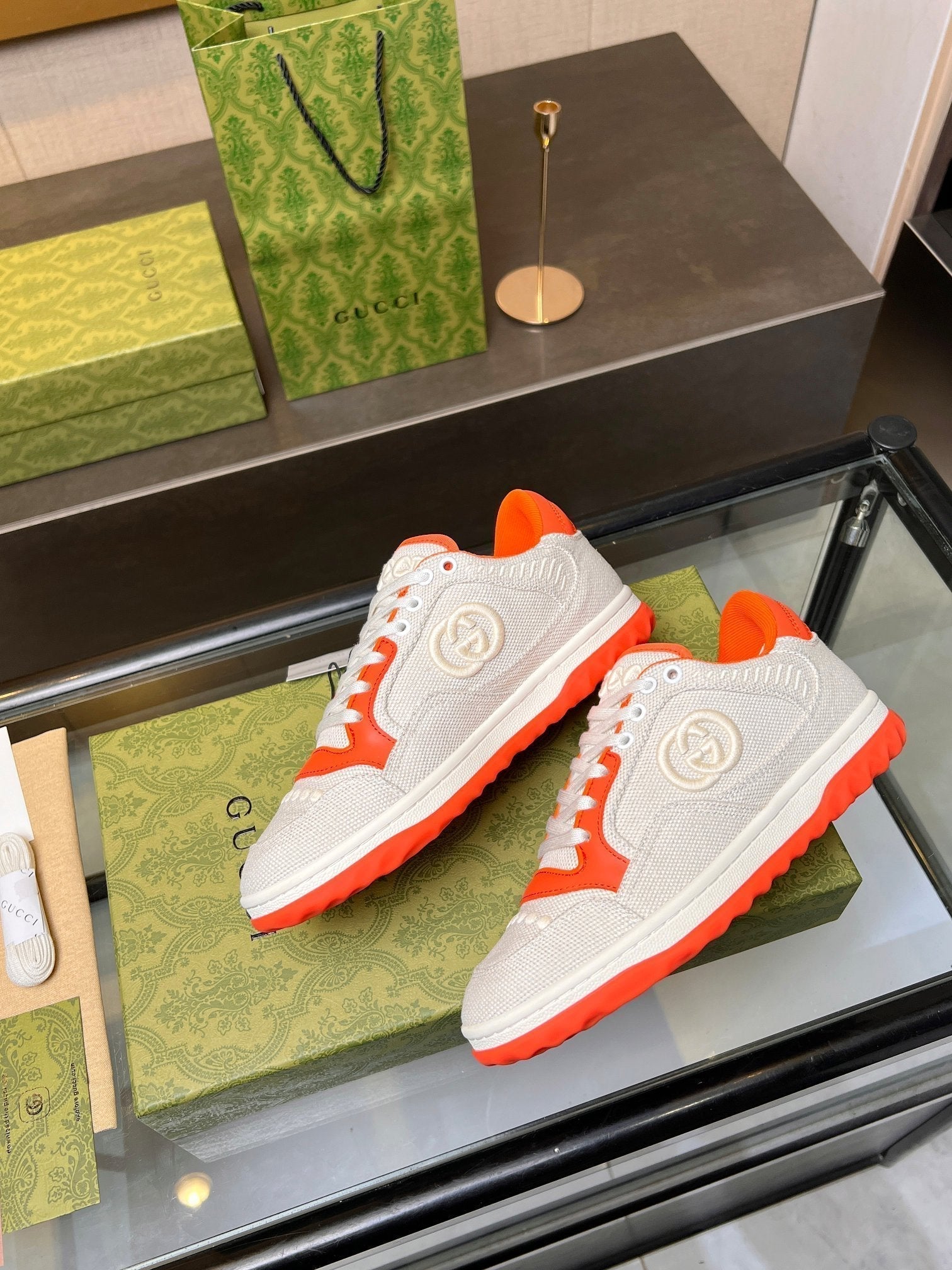 GUCCI MAC80 TRAINER CREAMY WHITE AND ORANGE CALFSKIN
