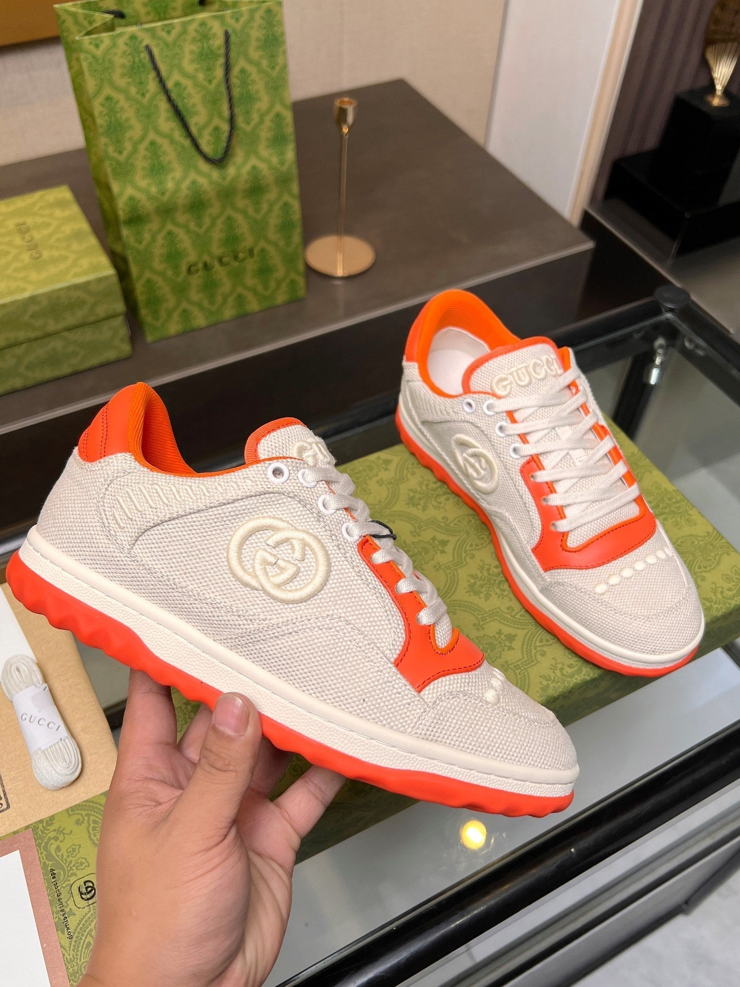 GUCCI MAC80 TRAINER CREAMY WHITE AND ORANGE CALFSKIN