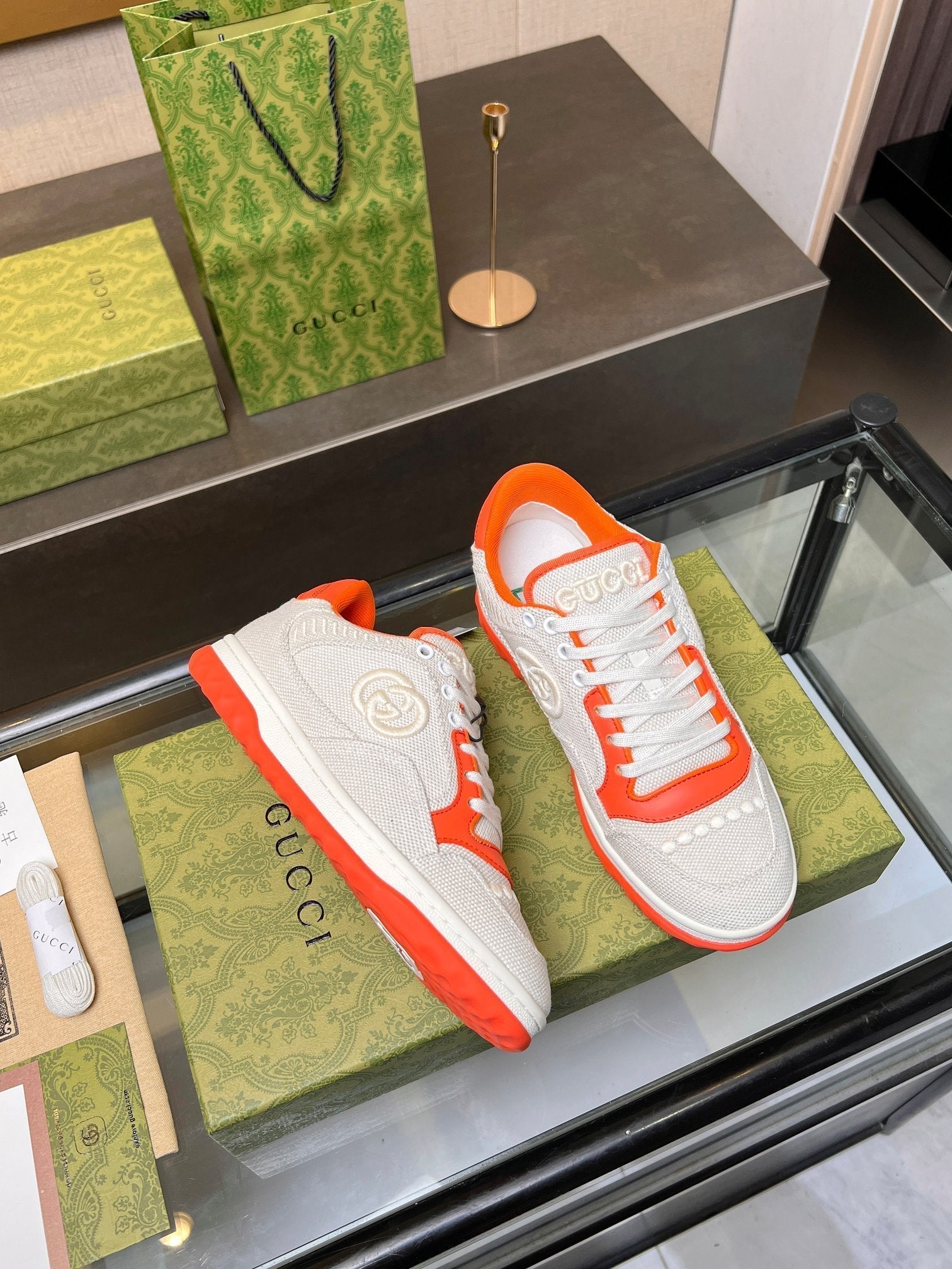 GUCCI MAC80 TRAINER CREAMY WHITE AND ORANGE CALFSKIN