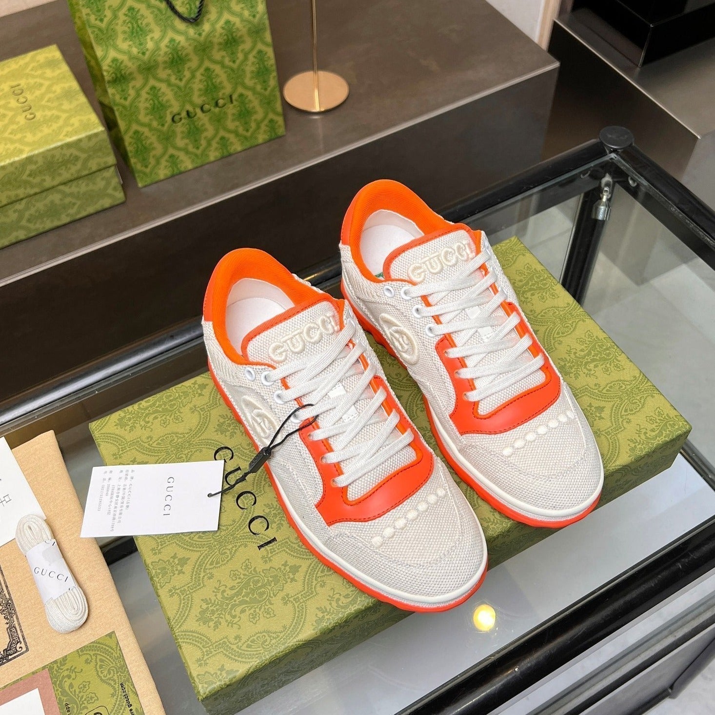 GUCCI MAC80 TRAINER CREAMY WHITE AND ORANGE CALFSKIN