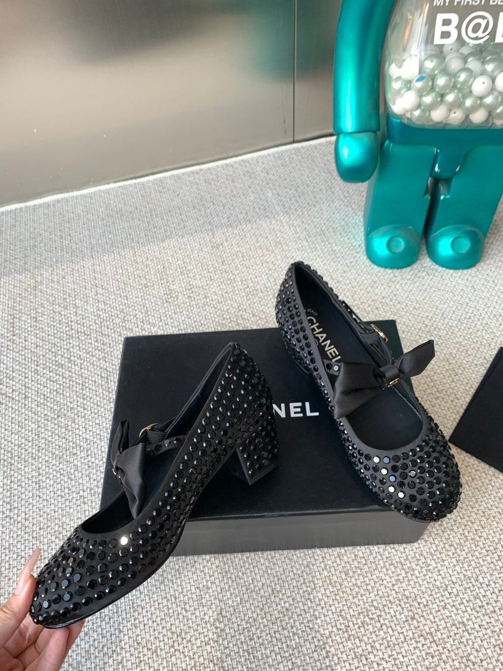CHANEL MARY JANES SHOES IN BLACK SATIN WITH RHINESTONES
