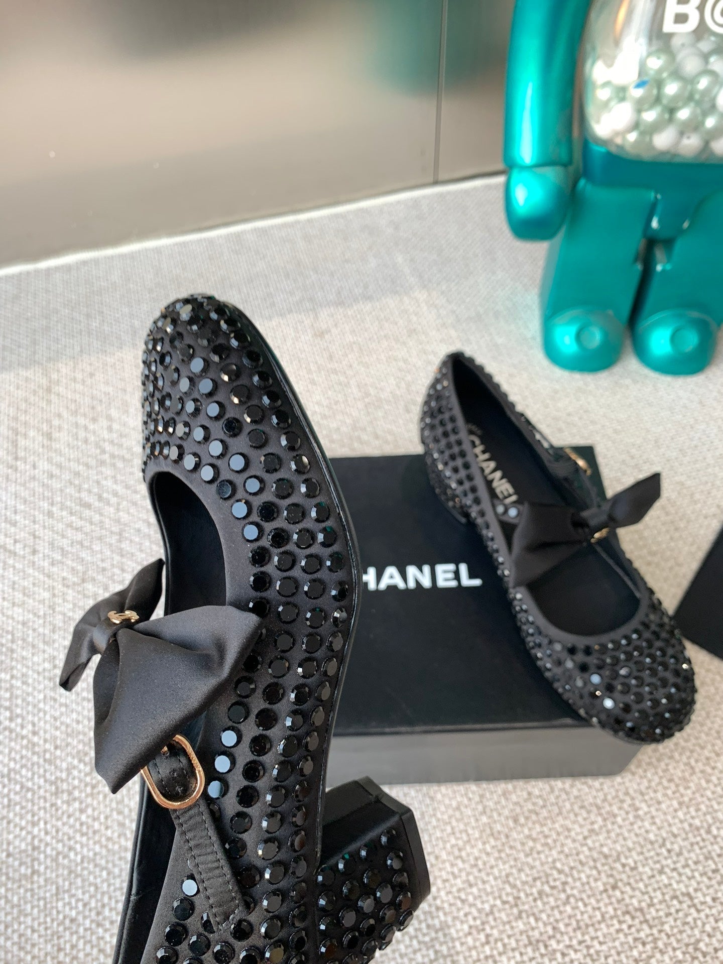 CHANEL MARY JANES SHOES IN BLACK SATIN WITH RHINESTONES