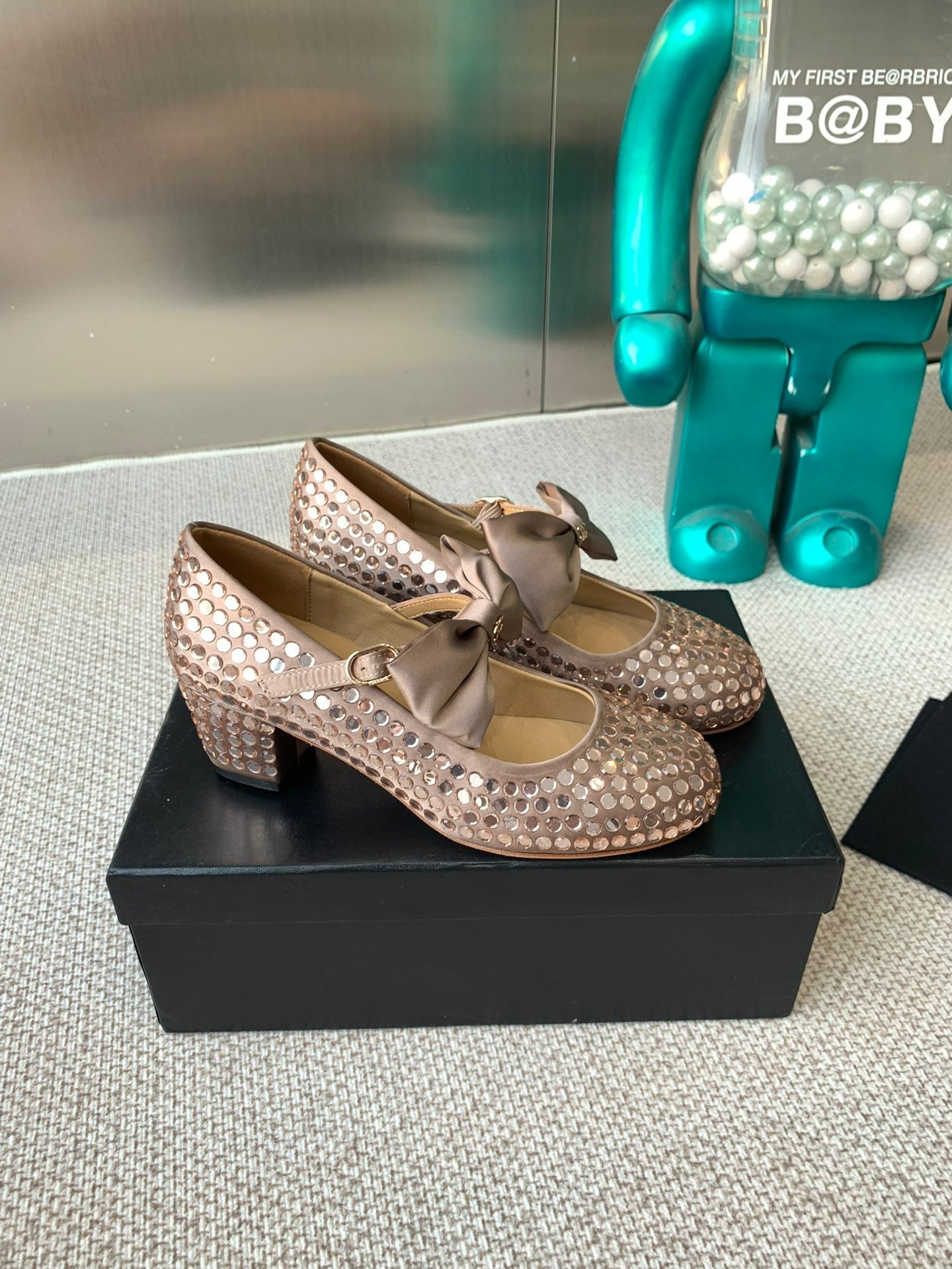 CHANEL MARY JANES SHOES IN COPPER SATIN WITH RHINESTONES