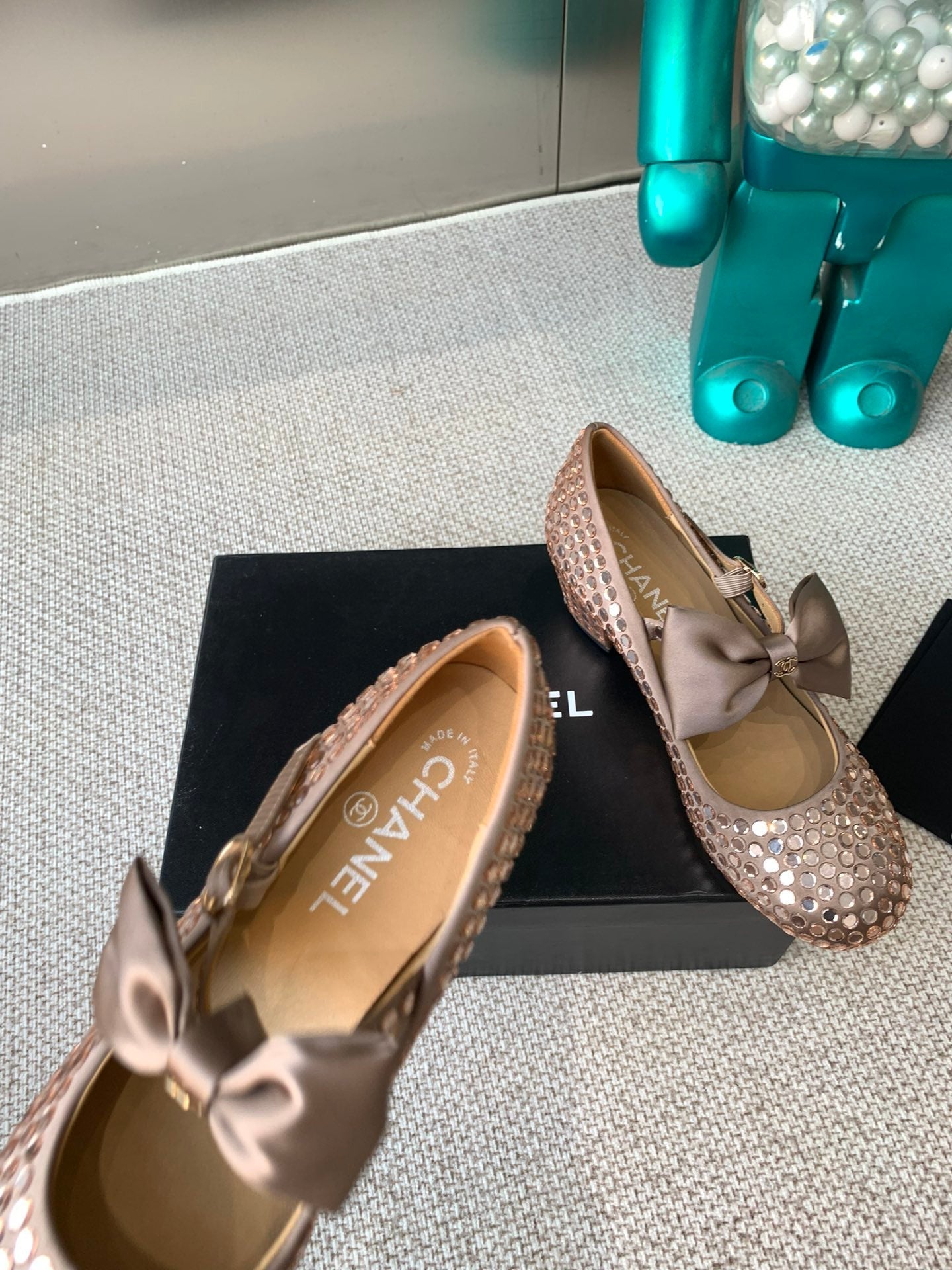 CHANEL MARY JANES SHOES IN COPPER SATIN WITH RHINESTONES