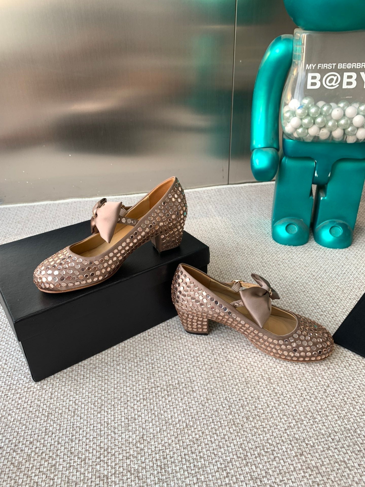 CHANEL MARY JANES SHOES IN COPPER SATIN WITH RHINESTONES