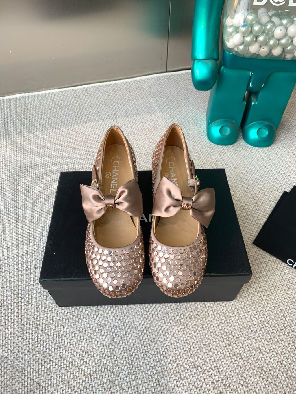 CHANEL MARY JANES SHOES IN COPPER SATIN WITH RHINESTONES