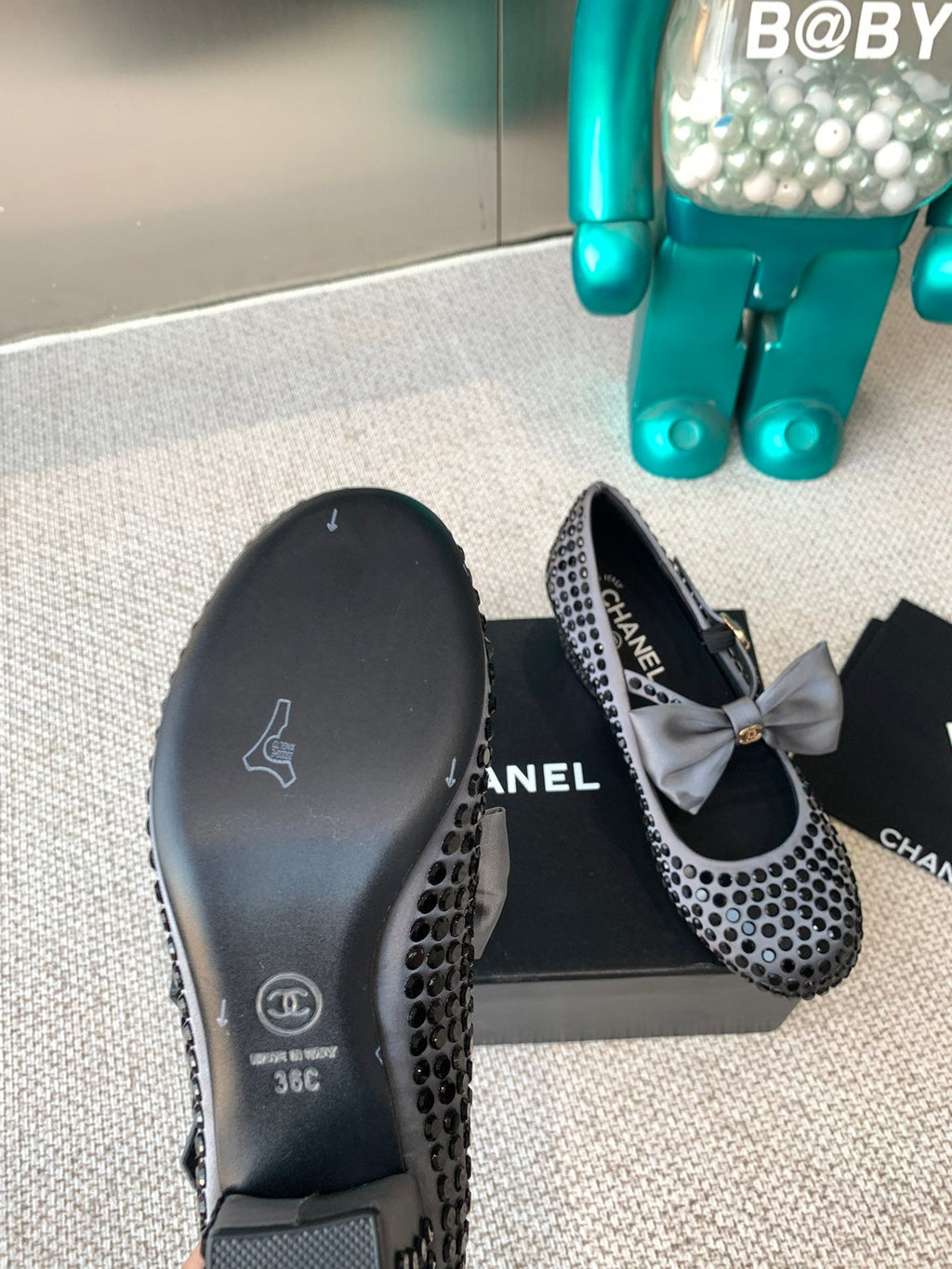 CHANEL MARY JANES SHOES IN STEEL GRAY SATIN WITH BLACK RHINESTONES