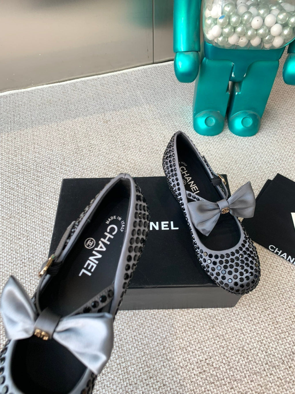 CHANEL MARY JANES SHOES IN STEEL GRAY SATIN WITH BLACK RHINESTONES