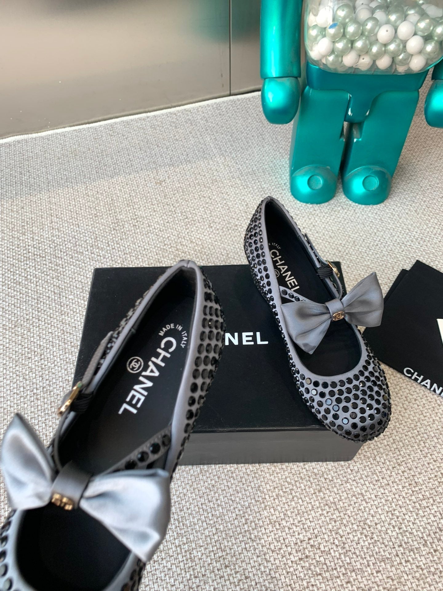 CHANEL MARY JANES SHOES IN STEEL GRAY SATIN WITH BLACK RHINESTONES