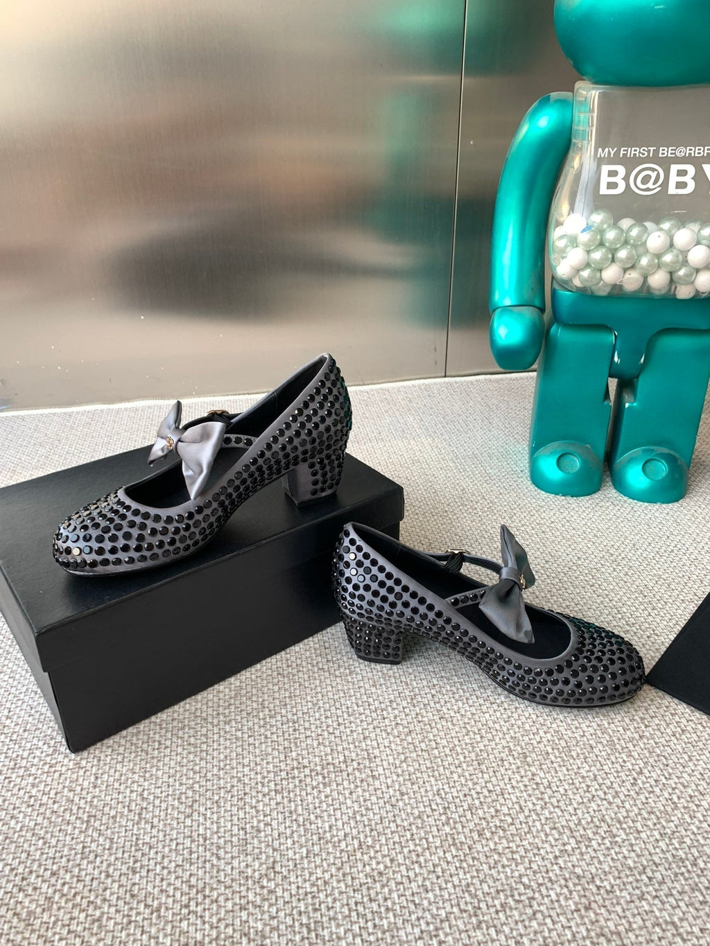 CHANEL MARY JANES SHOES IN STEEL GRAY SATIN WITH BLACK RHINESTONES